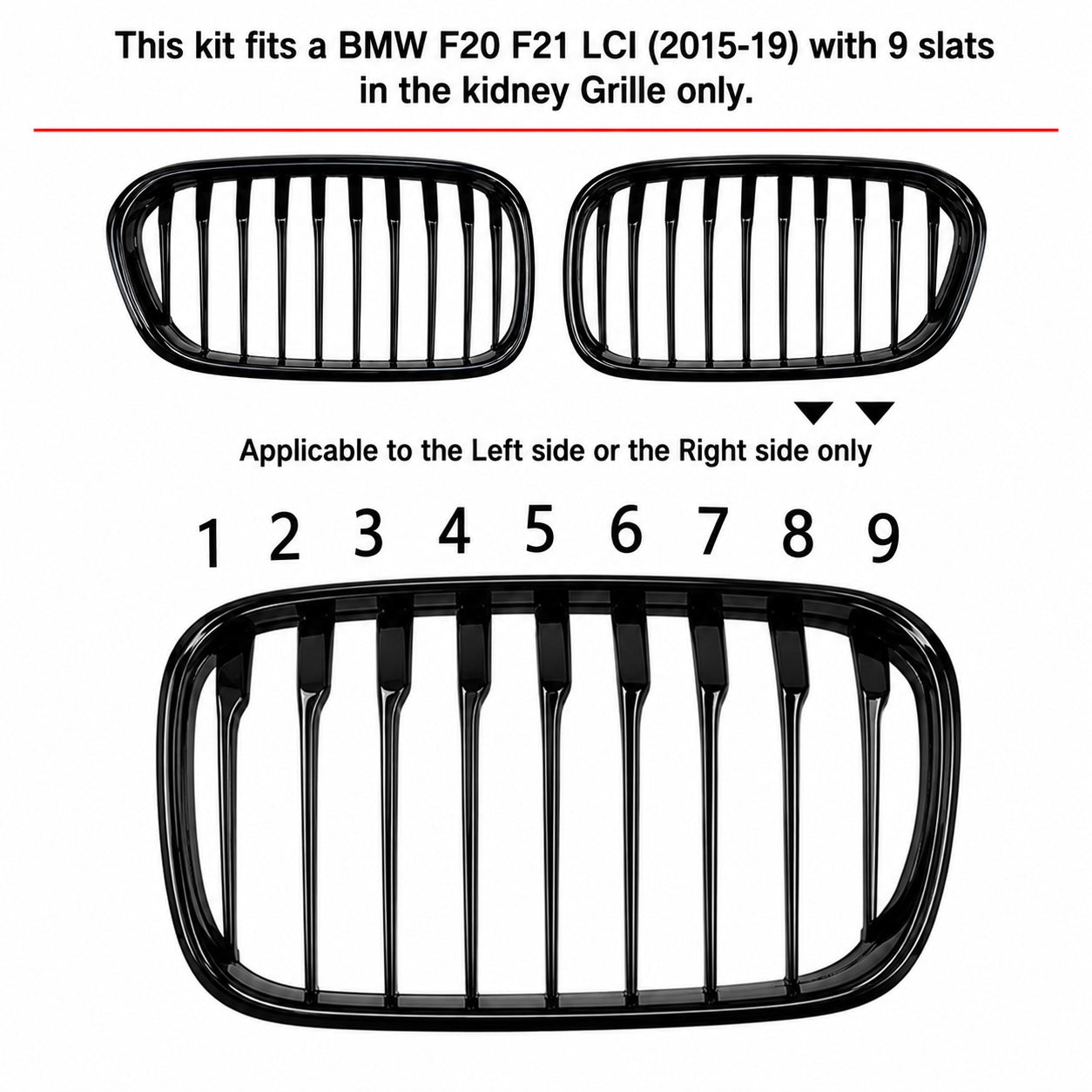 3pcs 9 Bar Front Trim Kidney Grille Cover Clip Strip Stripe For BMW 1 Series F20/F21 LCI  2015 - 2019