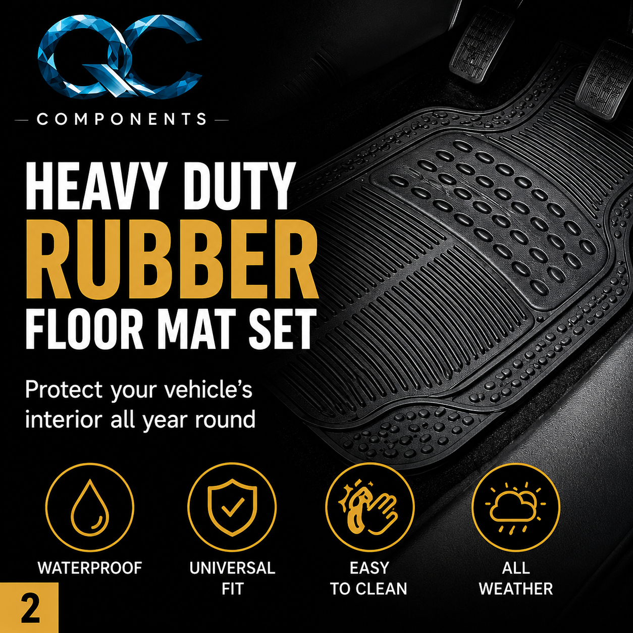 Universal Heavy Duty Rubber Car Floor Mats – 4 Piece Trim-to-Fit Set | QC Components