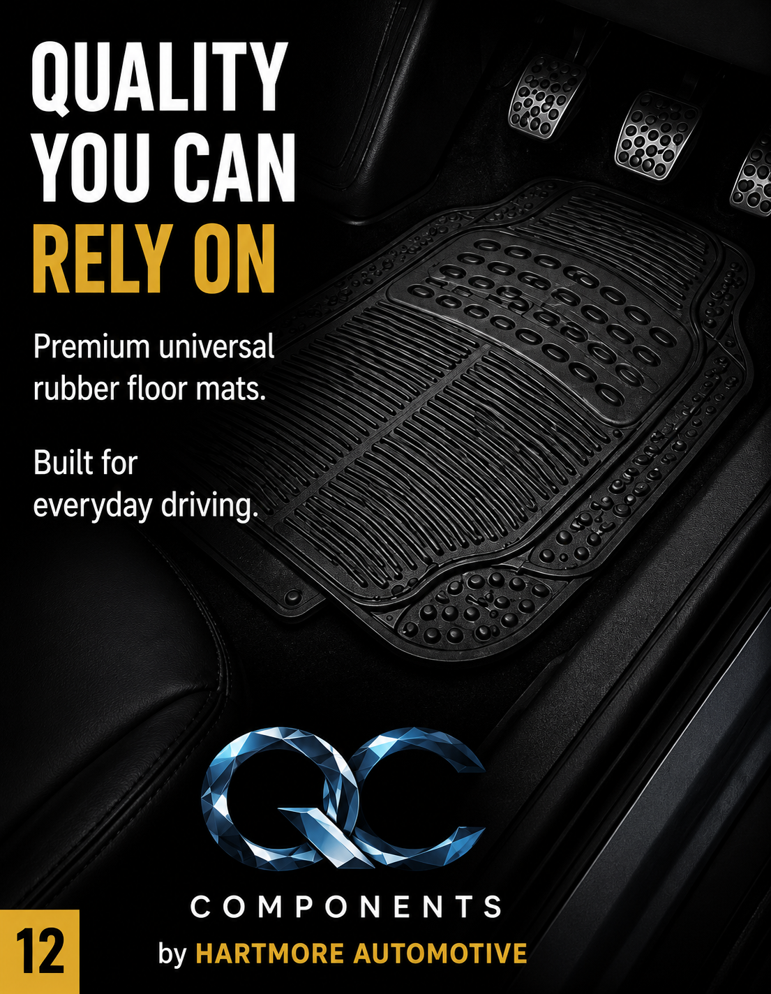Universal Heavy Duty Rubber Car Floor Mats – 4 Piece Trim-to-Fit Set | QC Components