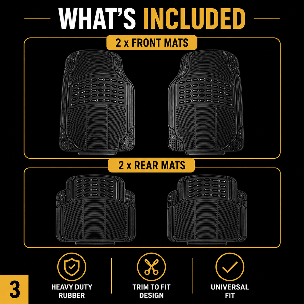 Universal Heavy Duty Rubber Car Floor Mats – 4 Piece Trim-to-Fit Set | QC Components