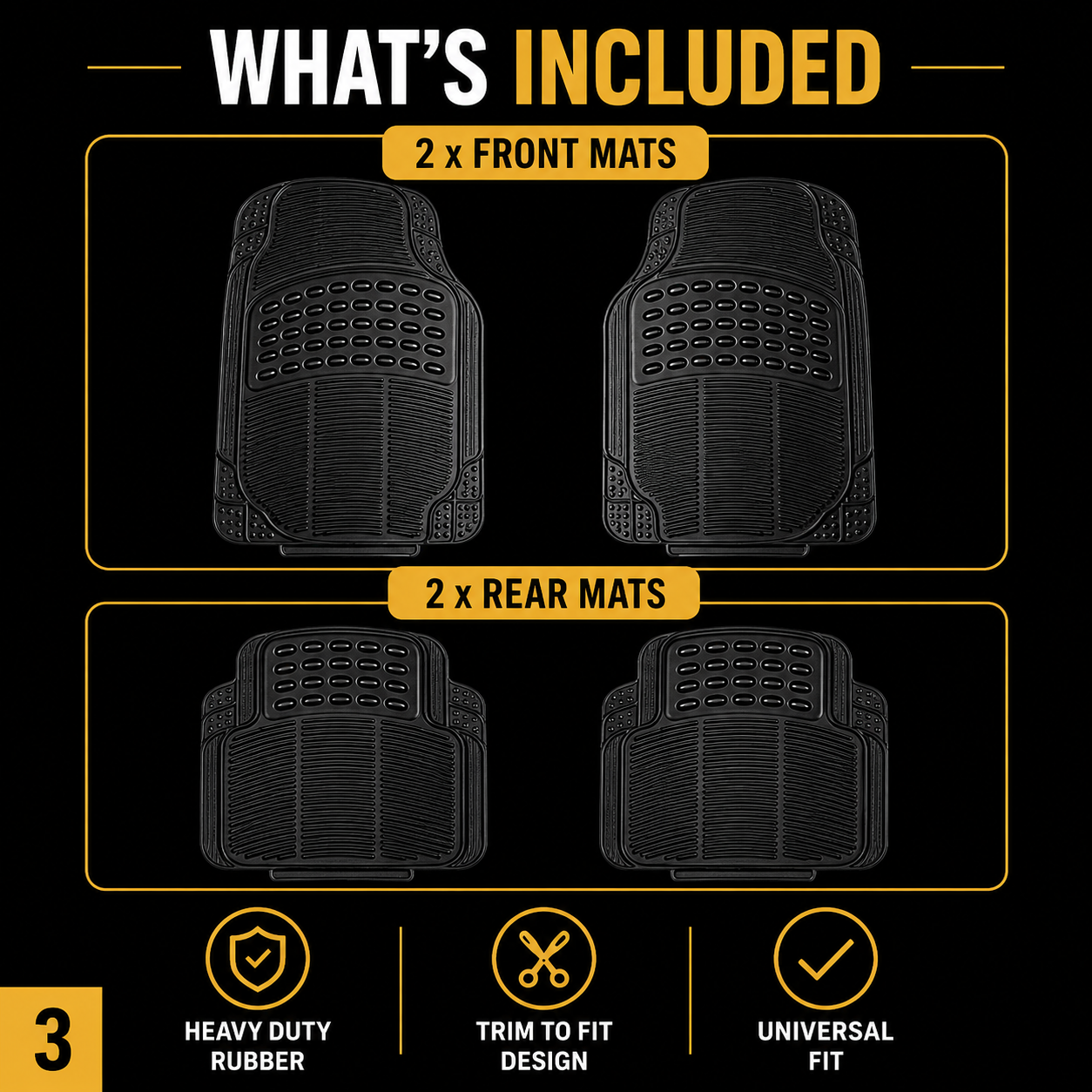 Universal Heavy Duty Rubber Car Floor Mats – 4 Piece Trim-to-Fit Set | QC Components