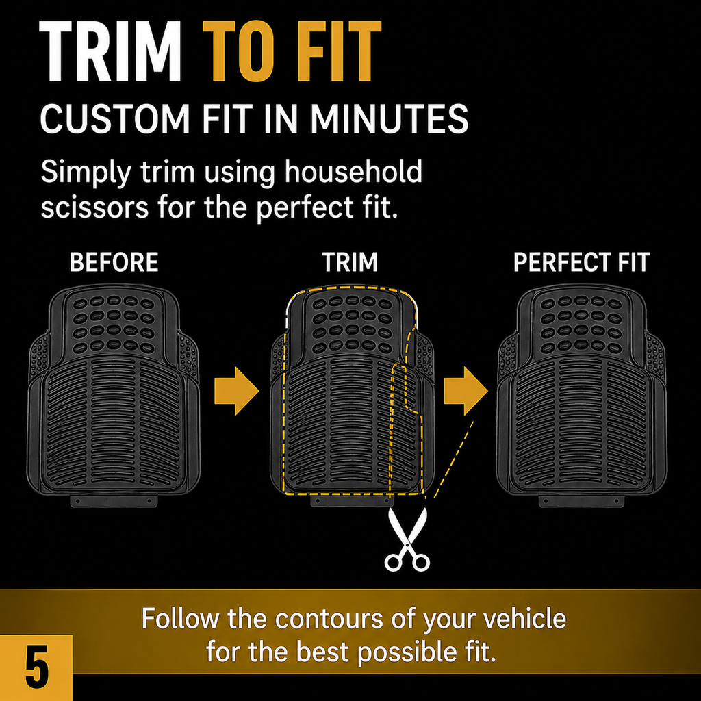 Universal Heavy Duty Rubber Car Floor Mats – 4 Piece Trim-to-Fit Set | QC Components