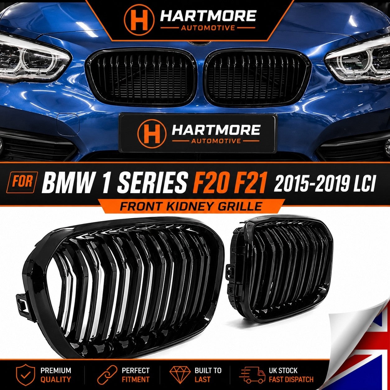BMW 1 Series F20 F21 LCI Gloss Black Front Kidney Grilles | 2015-2019 | Hartmore Automotive