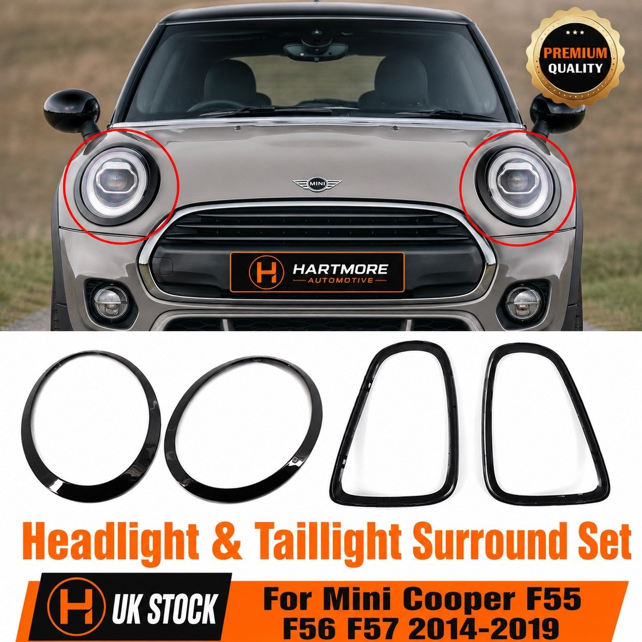 MINI F55 F56 F57 Gloss Black Headlight & Taillight Surround Trim Set | 4 Piece | 2014-2020