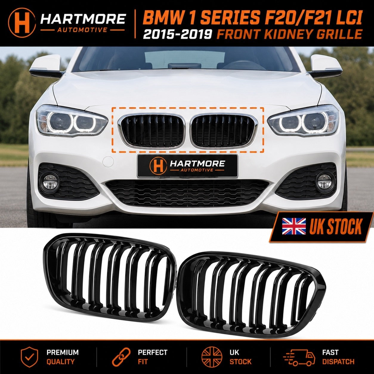 BMW 1 Series F20 F21 LCI Gloss Black Front Kidney Grilles | 2015-2019 | Hartmore Automotive
