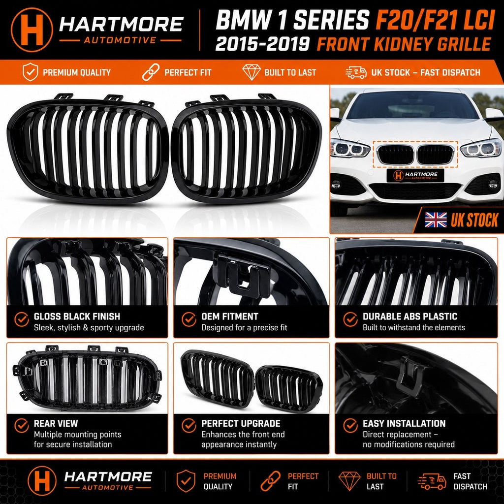 BMW 1 Series F20 F21 LCI Gloss Black Front Kidney Grilles | 2015-2019 | Hartmore Automotive