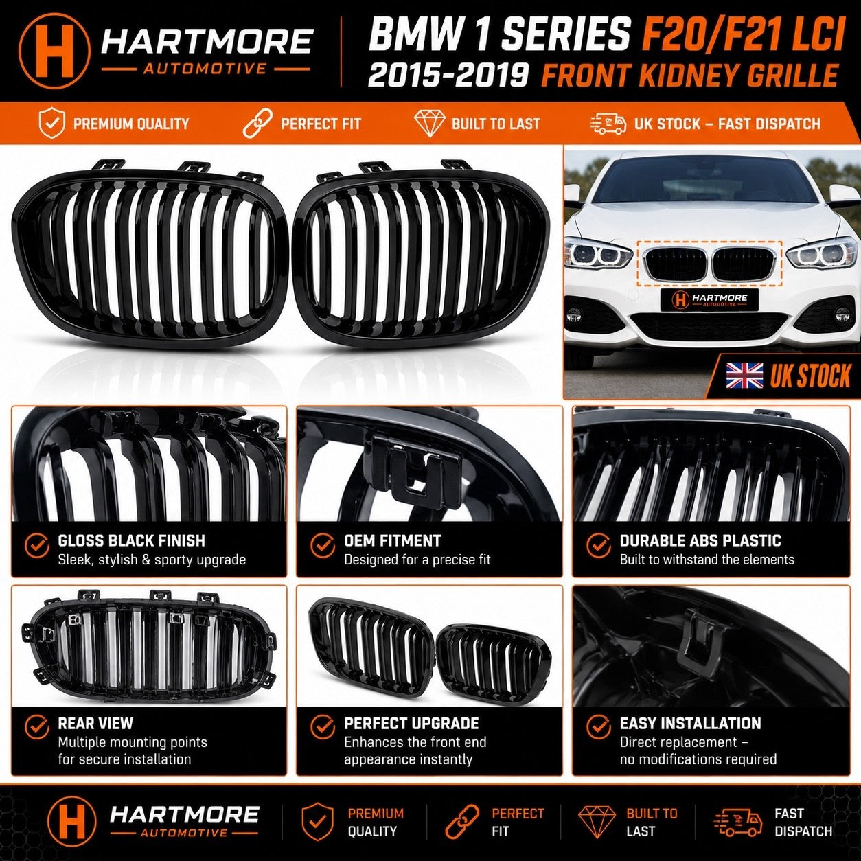 BMW 1 Series F20 F21 LCI Gloss Black Front Kidney Grilles | 2015-2019 | Hartmore Automotive