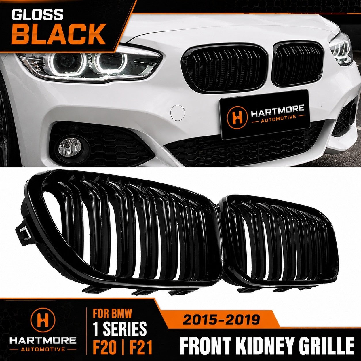 BMW 1 Series F20 F21 LCI Gloss Black Front Kidney Grilles | 2015-2019 | Hartmore Automotive